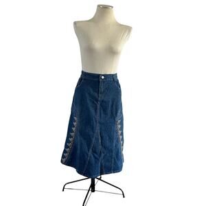 Vtg Y2K 2000s Denim Maxi Skirt Floral Embroidery Plus Sz 34 18 Cottagecore Boho